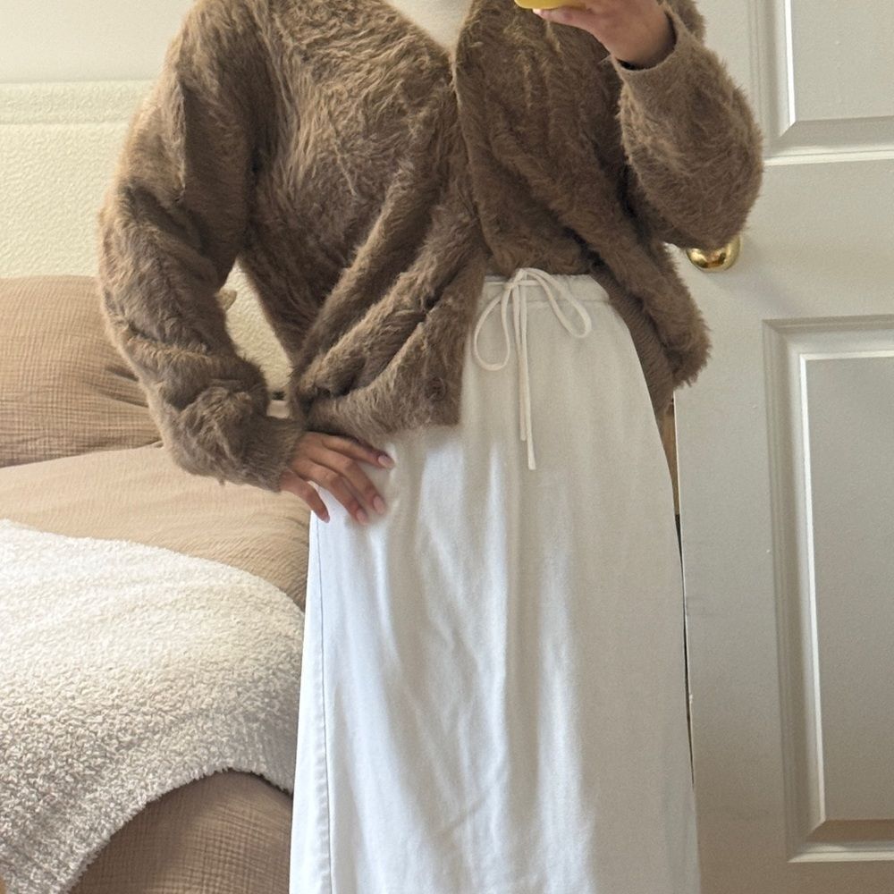 Cozy Brown Fuzzy Sweater and White Skirt Set